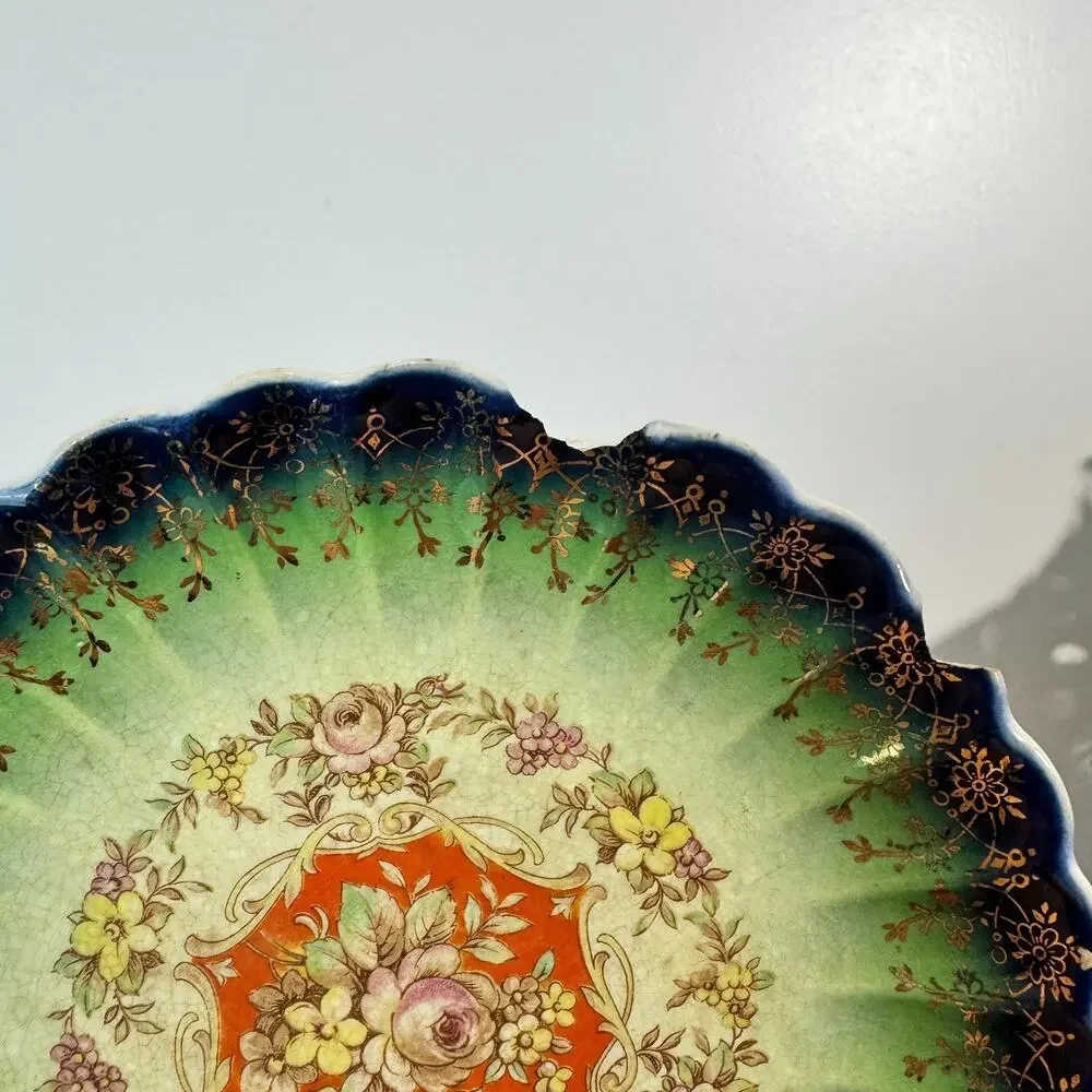 Vintage Leigh Ware Scalloped Dessert Plate Cobalt Blue Floral 22K Gold Chip